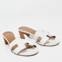 Pre Owned Hermes White Leather Oasis Slide Sandals Size 37.5