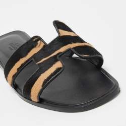 Hermes Two Tone Calf Hair Oran Flat Slides Size 37