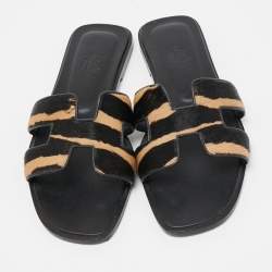 Hermes Two Tone Calf Hair Oran Flat Slides Size 37