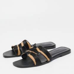 Hermes Two Tone Calf Hair Oran Flat Slides Size 37