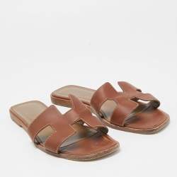Hermes Brown Leather Oran Flat Slides Size 38 