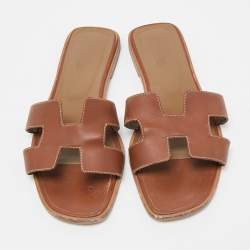 Hermes Brown Leather Oran Flat Slides Size 38 