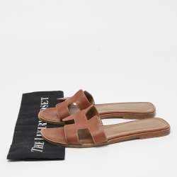 Hermes Brown Leather Oran Flat Slides Size 38 