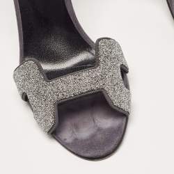 Pre Owned Hermes Black/Silver Suede and Glitter Premiere 70 Ankle Strap Sandals Size 37