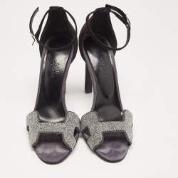 Pre Owned Hermes Black/Silver Suede and Glitter Premiere 70 Ankle Strap Sandals Size 37