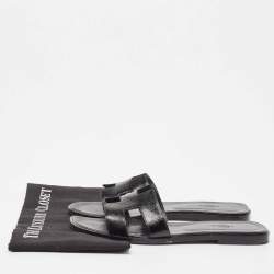 Hermes Black Patent Leather Oran Flat Slides Size 40.5