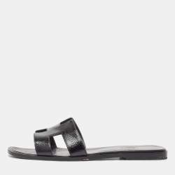 Hermes Black Patent Leather Oran Flat Slides Size 40.5
