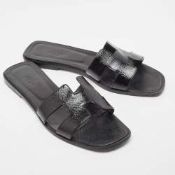 Hermes Black Patent Leather Oran Flat Slides Size 40.5