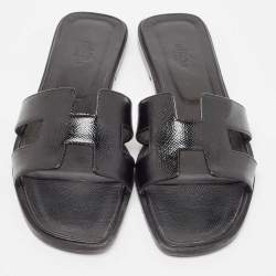 Hermes Black Patent Leather Oran Flat Slides Size 40.5