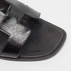 Hermes Black Patent Leather Oran Flat Slides Size 40.5