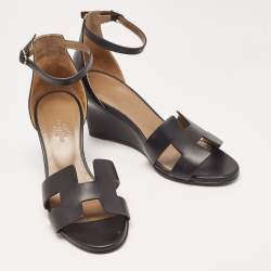 Hermes Black Leather Legend Wedge Ankle Strap Sandals Size 37