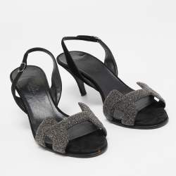 Hermes Black/Silver Glitter and Suede Night Sandals Size 38.5