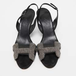 Hermes Black/Silver Glitter and Suede Night Sandals Size 38.5