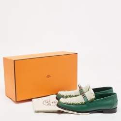 Hermes Green/Beige Leather and Canvas Destin Loafers Size 39