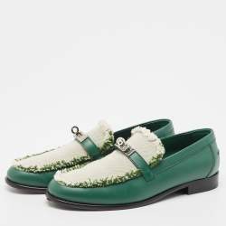 Hermes Green/Beige Leather and Canvas Destin Loafers Size 39