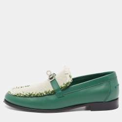 Hermes Green/Beige Leather and Canvas Destin Loafers Size 39