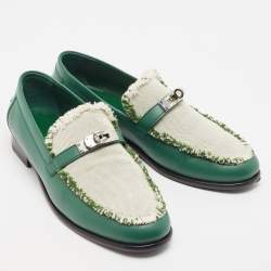 Hermes Green/Beige Leather and Canvas Destin Loafers Size 39