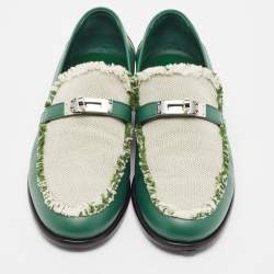 Hermes Green/Beige Leather and Canvas Destin Loafers Size 39