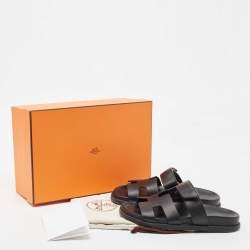 Hermes Black Leather Chypre Slide Flats Size 37