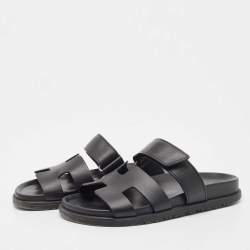 Hermes Black Leather Chypre Slide Flats Size 37