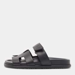 Hermes Black Leather Chypre Slide Flats Size 37
