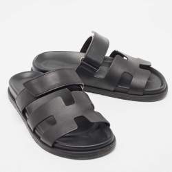 Hermes Black Leather Chypre Slide Flats Size 37