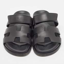 Hermes Black Leather Chypre Slide Flats Size 37
