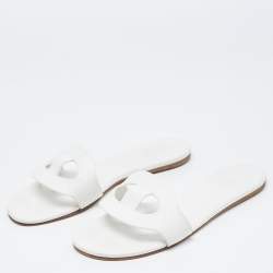 Hermes White Leather Lisboa Flat Slides Size 37