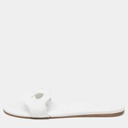 Hermes White Leather Lisboa Flat Slides Size 37