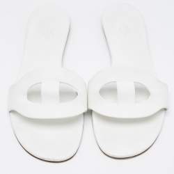 Hermes White Leather Lisboa Flat Slides Size 37