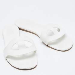 Hermes White Leather Lisboa Flat Slides Size 37