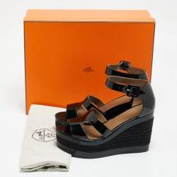 Hermes Black Patent Leather Ilana Espadrille Wedge Sandals Size 40