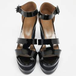 Hermes Black Patent Leather Ilana Espadrille Wedge Sandals Size 40
