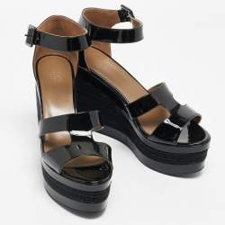 Hermes Black Patent Leather Ilana Espadrille Wedge Sandals Size 40
