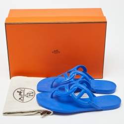 Pre Owned Hermes Blue Rubber Egerie Thong Flat Slides Size 38
