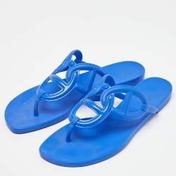 Pre Owned Hermes Blue Rubber Egerie Thong Flat Slides Size 38