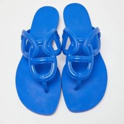 Pre Owned Hermes Blue Rubber Egerie Thong Flat Slides Size 38