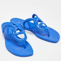 Pre Owned Hermes Blue Rubber Egerie Thong Flat Slides Size 38