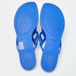 Pre Owned Hermes Blue Rubber Egerie Thong Flat Slides Size 38