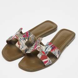 Hermes Multicolor Print Canvas Oran Flat Slides Size 38