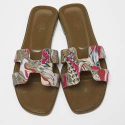 Hermes Multicolor Print Canvas Oran Flat Slides Size 38