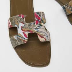 Hermes Multicolor Print Canvas Oran Flat Slides Size 38
