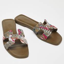 Hermes Multicolor Print Canvas Oran Flat Slides Size 38