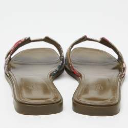 Hermes Multicolor Print Canvas Oran Flat Slides Size 38