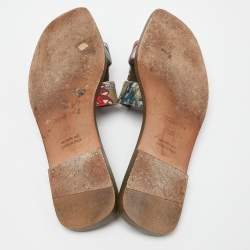 Hermes Multicolor Print Canvas Oran Flat Slides Size 38