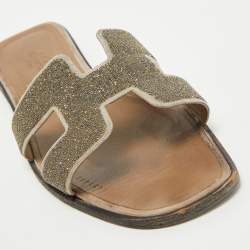 Hermes Brown Suede and Glitter Oran Flat Slides Size 41 