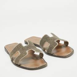 Hermes Brown Suede and Glitter Oran Flat Slides Size 41 