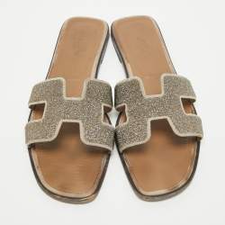 Hermes Brown Suede and Glitter Oran Flat Slides Size 41 