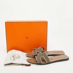 Hermes Brown Suede and Glitter Oran Flat Slides Size 41 