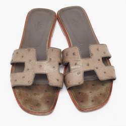 Hermes Green Ostrich Leather Oran Sandals Size 40.5